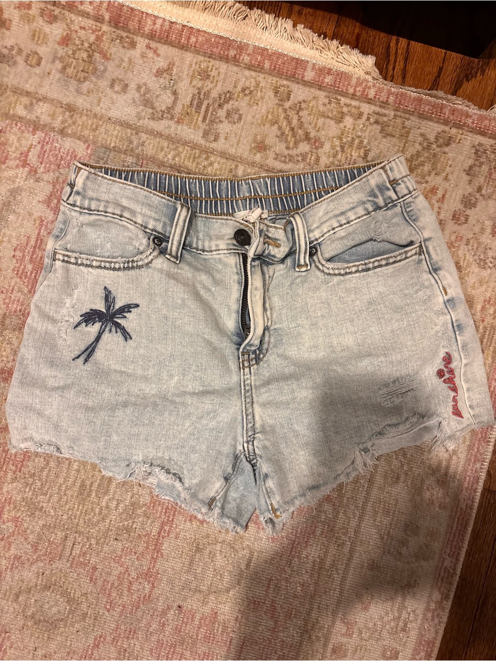 aerie Light Wash Denim Shorts with Navy Palm Embroidery